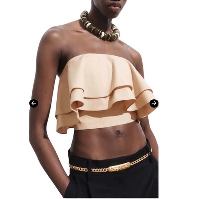 Mango 205 Mojito Chic Strapless Ruffle Crop Top Tan Cotton Smocked Back NWT S