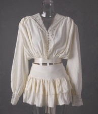 Antique Victorian Inspired White Cotton Blouse Skirt 2 Ps Set Lace Cottage
