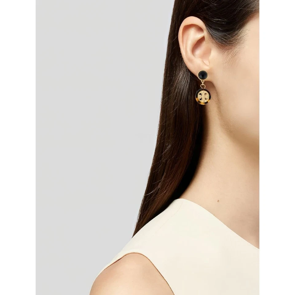Tory Burch Tortoise Shell Logo Drop Earrings Gold OS - Image 2 of 4