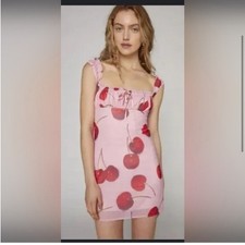 Kimchi Blue Urban Outfitters UO cherry print Bianca Mesh pink Mini Dress size L
