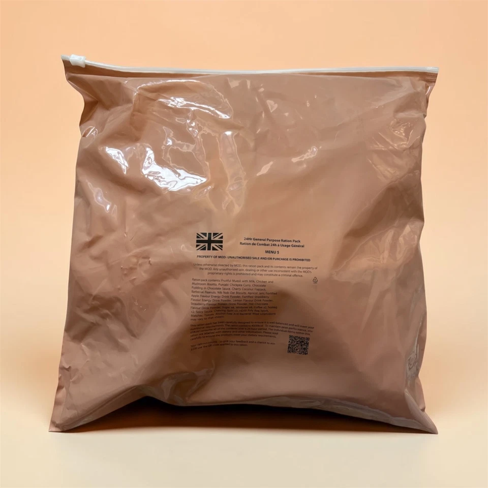 Ration militaire britannique officielle 24h – Menu 5 – Neuve sous vide - Photo 1/3