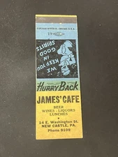 Matchbook Cover - JAMES' CAFE BEER WINES - LIQUORS LUNCHES New Castle PA