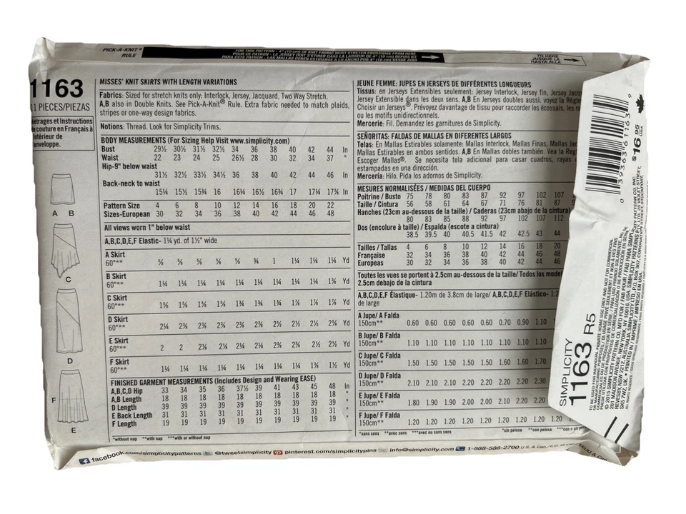 Simplicity 1163 Women's Knit Skirts Length Variations Faux Wrap Size 14-22 Uncut - Image 2 of 2