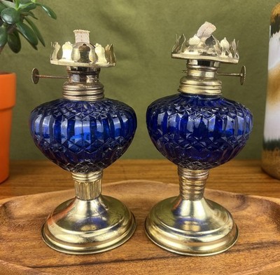 MCM Pair Cobalt Blue Glass Oil Lamps Brass Base Made In Hong Kong 7.5'' Unused 