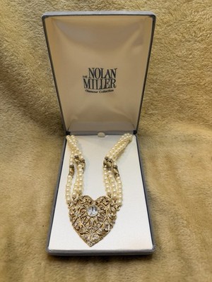 1928 Gold Tone Crystal Heart Faux Pearl Necklace With Nolan Miller Box