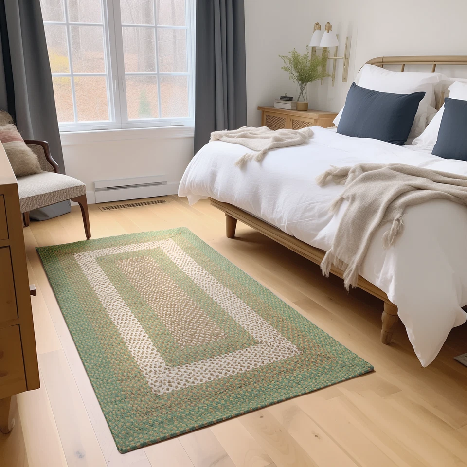 Alfombra de campo trenzada alfombra verde de granja para cocina y comedor Foto 3 de 4