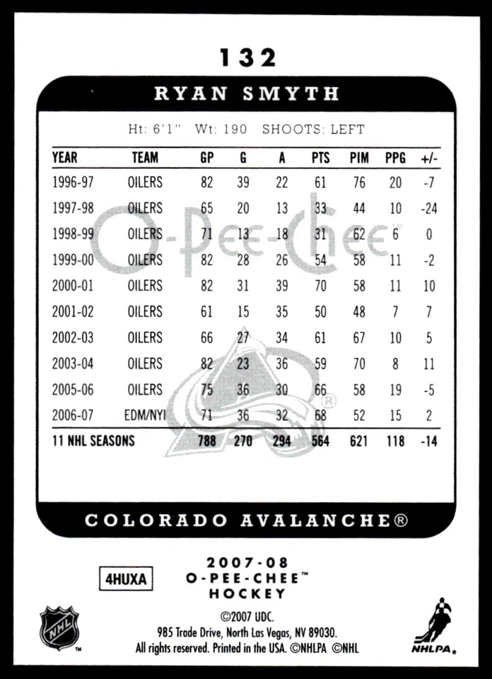 2007-08 O-Pee-Chee Micromotion Ryan Smyth Colorado Avalanche #132 - Image 2 of 2