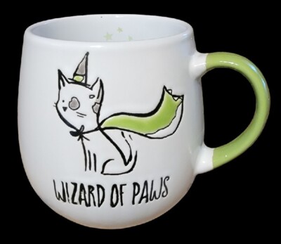 WIZARD OF PAWS Cat Mug Cup Coffee Or Tea Large Prima Design Embossed White Green