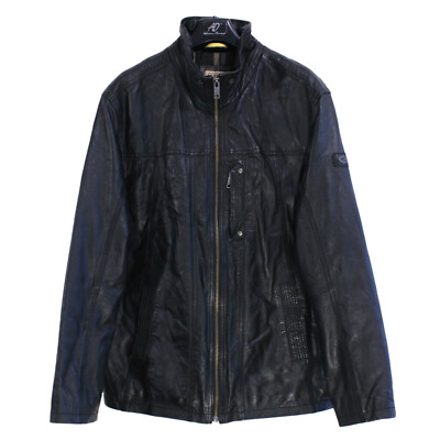 CAMEL ACTIVE Men's Leather Jacket Size L Black Funnel Neck Full Zip