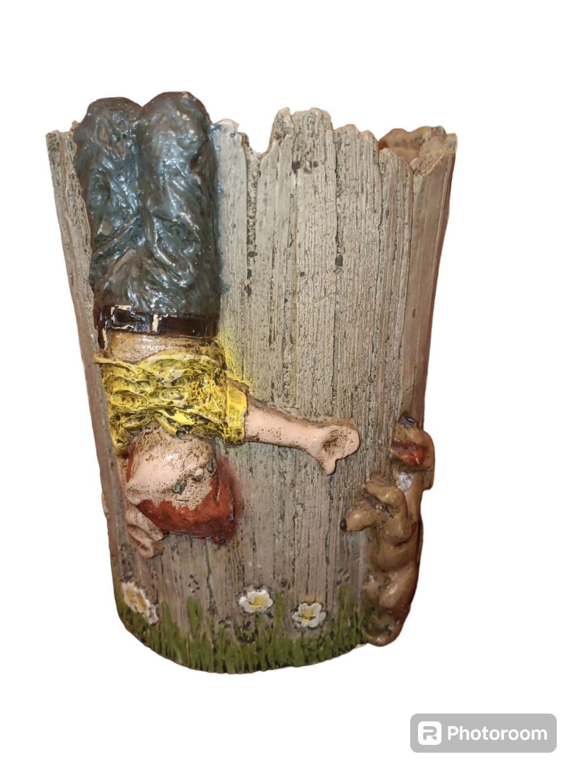 Vintage Boy Hanging Upside Down On Fence With Dog Planter