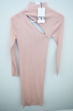 ZARA Slanted Cut Out High Neck Long Sleeve Bodycon Knit Dress Dusty Pink Size S