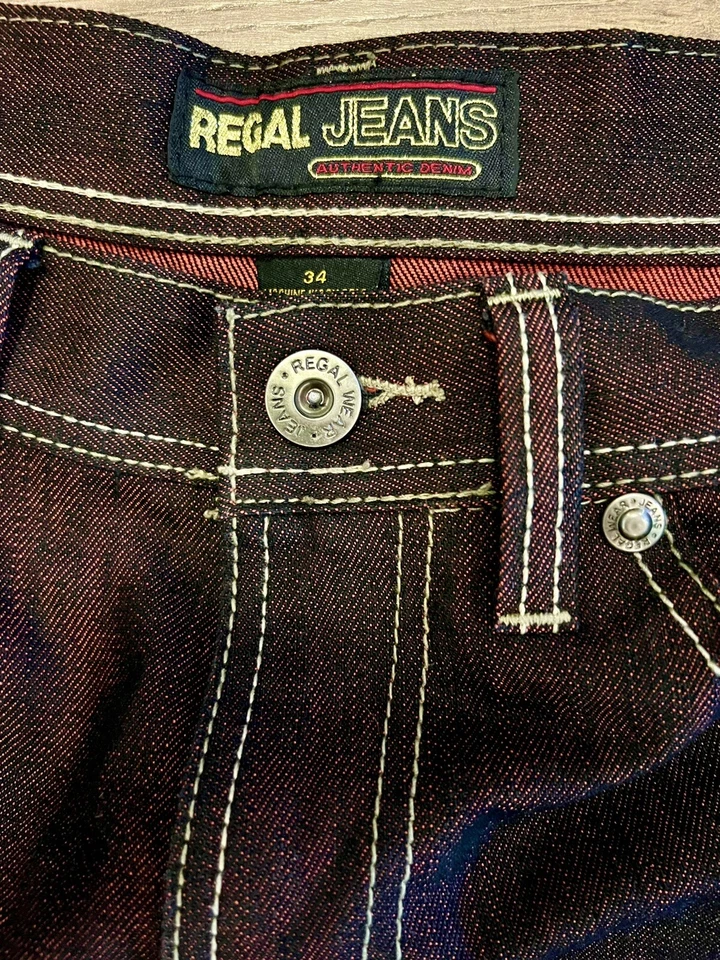 Pantalones de mezclilla Regal Wear para hombre talla 34 negros sobre rojos bordados bolsillos traseros con solapa Foto 4 de 4