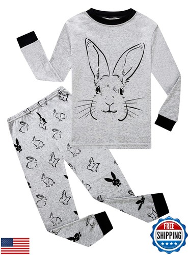 Little Boys Girls Pjs Bunny Egg Rabbit Easter Long Sleeve Pajamas Cotton Grey