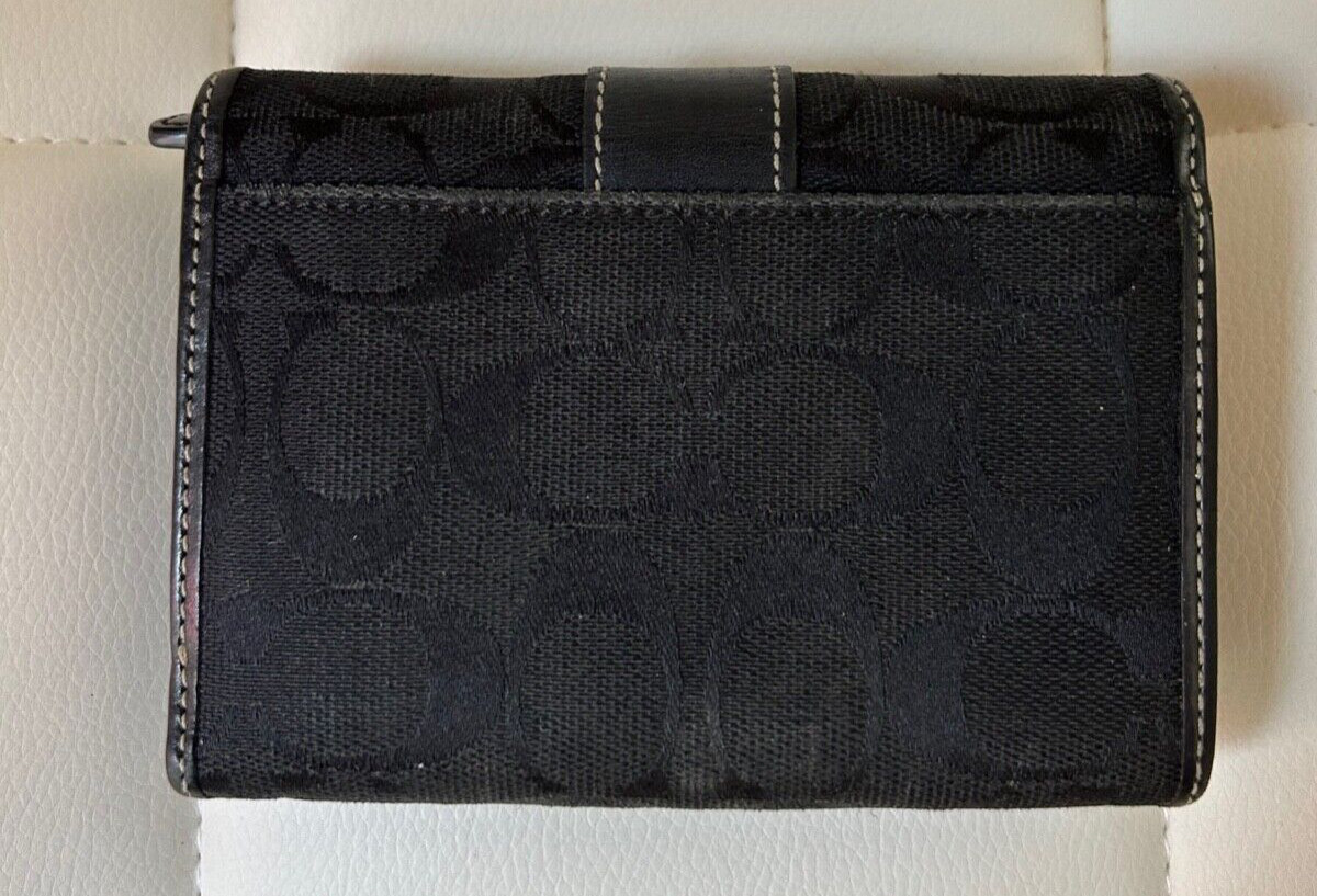 Coach Signature Trifold Wallet Logo Snap Closure Canvas Leather Coin Cards Cash View 2
