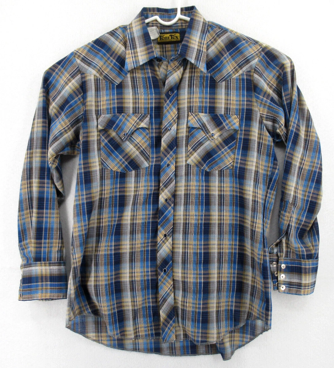 Tem Tex Shirt Mens Medium Plaid Snap Button Up Long Tail Western Cowboy Vintage