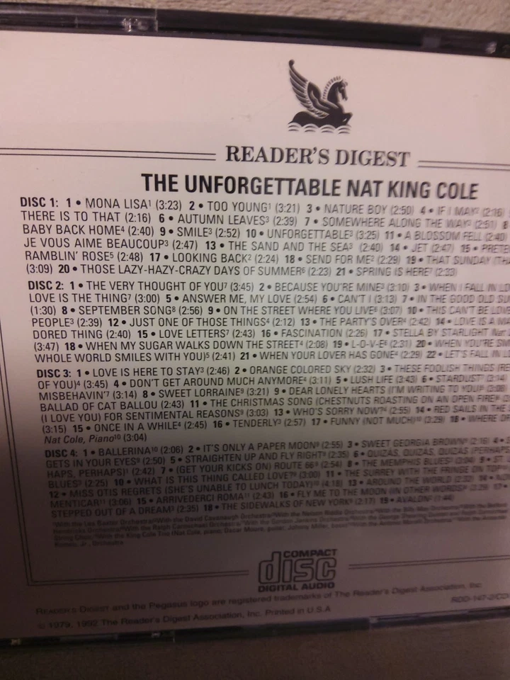 Reader's Digest: The Unforgettable Nat King Cole (CD, 1992) 4 Disc Set Foto 3 de 4