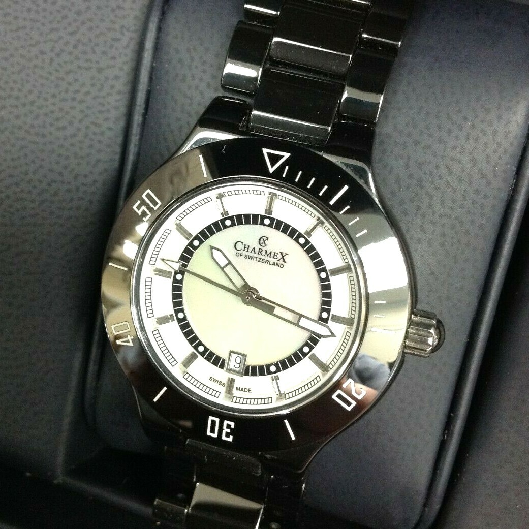 CHARMEX Ceramic Black San Remo MOP Dial Ladies Swiss Made Watch