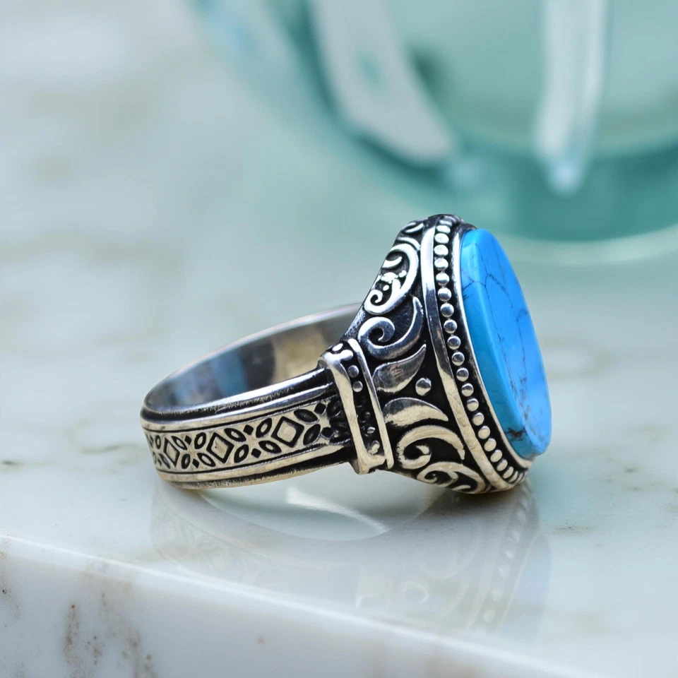 Мужское кольцо с бирюзой серебро 925 пробы ручная работа в османском стиле бижутерия с печаткой - Изображение 3 из 4