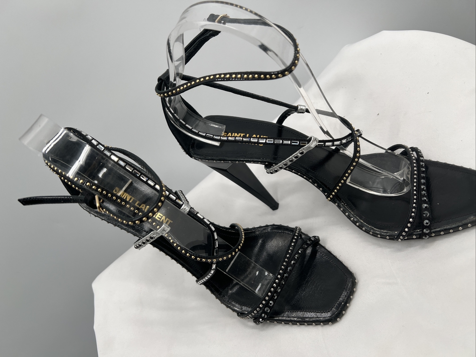 Sandali neri Yves Saint Laurent donna tacco a cono con pietre d'argento taglia 39 5