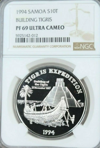 1994 SAMOA SILVER 10 TALA BUILDING OF THE TIGRIS NGC PF 69 ULTRA CAMEO TOP POP 1