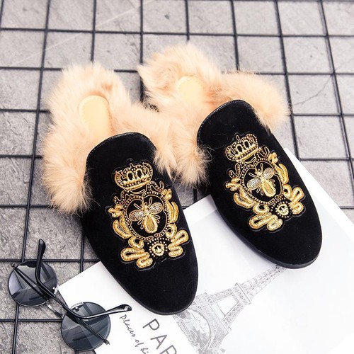 Fur Gold Buckle Loafers Shoes Slippers 