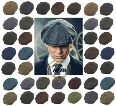 Peaky Blinders Hat Newsboy Flat Cap Herringbone Tweed Wool Baker Boy Gatsby