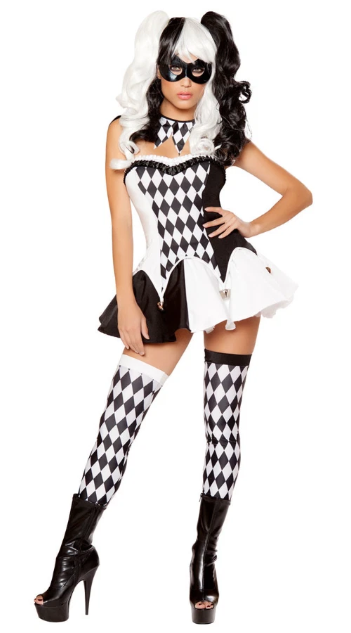 Black White Plaid Harley Costume Halloween Jester Quinn Clown
