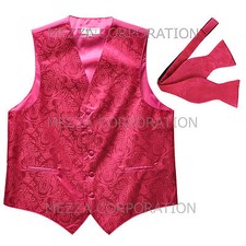 New Men's Vesuvio Napoli Paisley Tuxedo Vest Self-tie Bowtie prom party Hot Pink