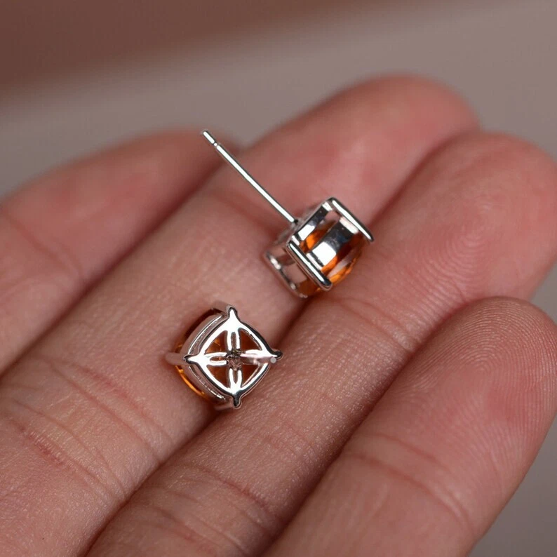 Natural Citrine Cushion Stone 925 Sterling Silver Women Designer Stud Earrings - Image 3 of 4