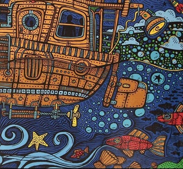 3D Steampunk Tugboat Psychedelic Submarine Tapestry Under The Sea Pirate Boat - Image 3 of 4
