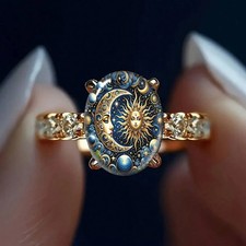 1pc Celestial Sun Moon Ring Gold Plated Oval Zirconia Boho Starry Sky Jewelry
