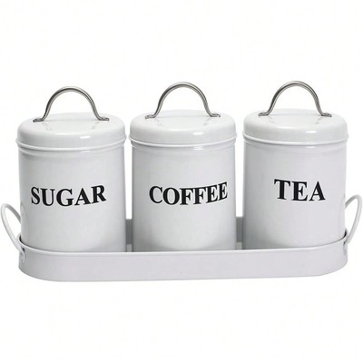 3Pcs Kitchen Canister Set Tea Coffee Sugar Jars Food Storage Metal Tray White