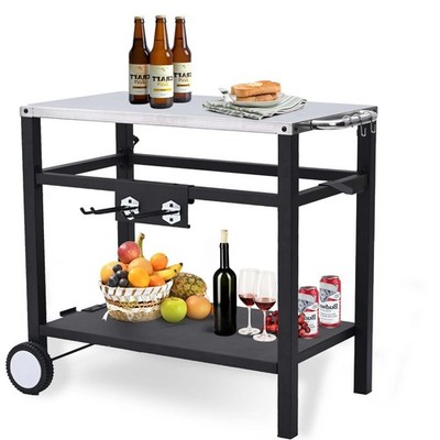Dining Cart Table with Double-Shelf, Movable Stainless Steel Flattop Worktabl...