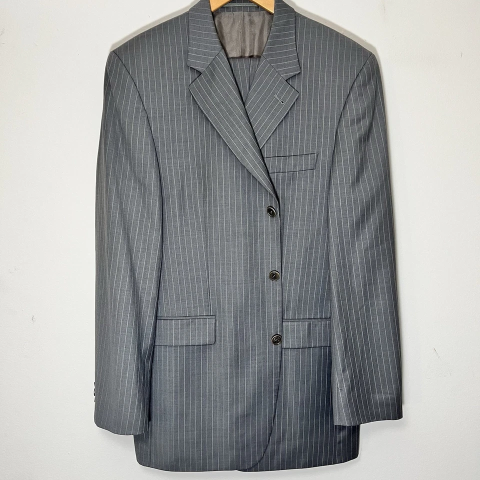 Men’s Suit Size 42L Pants 36Wx36L Milano Italy Super 140s 2PC Gray Stripe Suit - Image 2 of 4