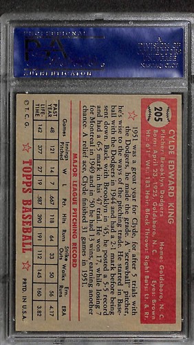 1952 TOPPS #205 CLYDE KING PSA 7 NM 01009810 - Picture 2 of 2