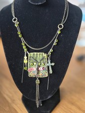 Vintage Rare Danish Pilgrim  necklace cross violin shoe velvet crystals green