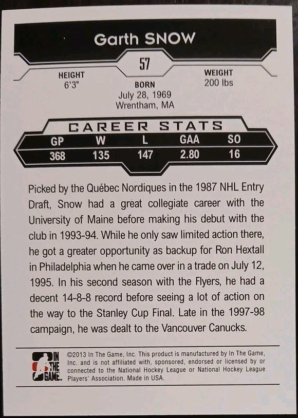 2013 - 2014 ITG Garth Snow Decades The 90's Gold /30 #57 Hockey Card - Image 2 of 2