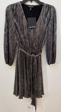 Halston Metallic Pleated Long-Sleeve Belted Dress MSRP $139