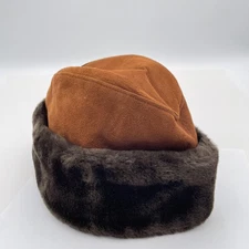 Vintage Leather Suede Hat Cossack Fitted Mens Medium Brown Faux Fur Trim 60s