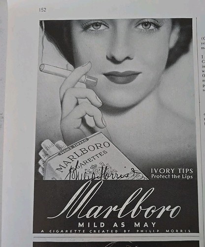 1937 Marlboro Cigarettes ivory tips mild as May Brunette Smoking Vintage Ad