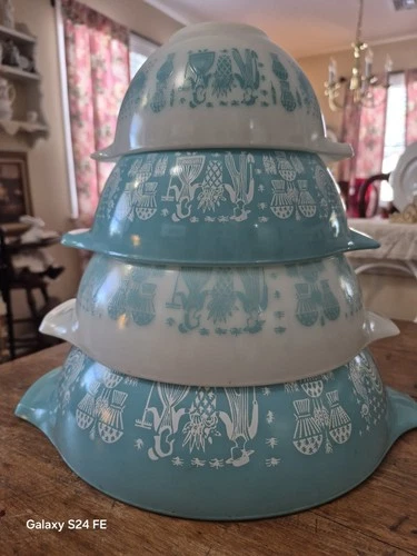 Vtg Pyrex Turquoise Amish Butterprint Mixing Nesting Bowls Cinderella Set EUC