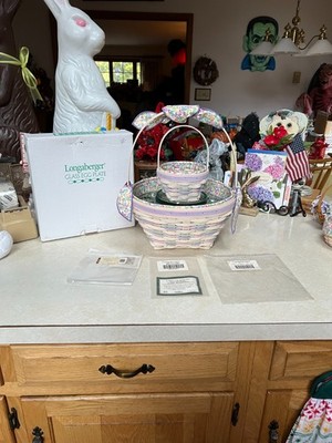 2001 Longaberger Large Whitewashed Basket Set w/Prot., Riser, Egg Dish, Tie New!