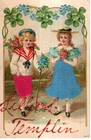 ANTIQUE Postcard        SILK  -  BOY AND GIRL, 4-LEAF CLOVERS, FORGET-ME-NOTS