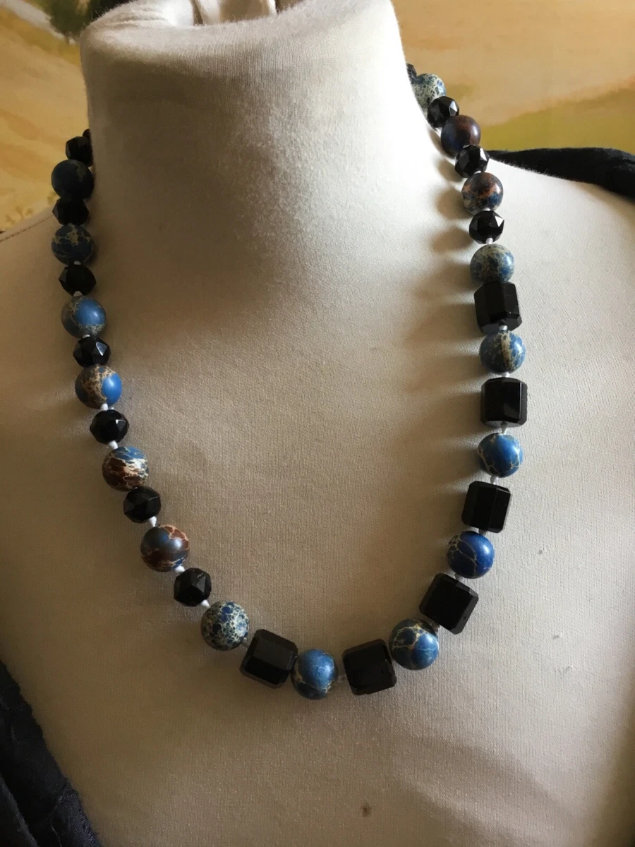 Collier Ancien En Pierres D'Onyx Noir - Longueur ~41-45 Cm, Style Vintage