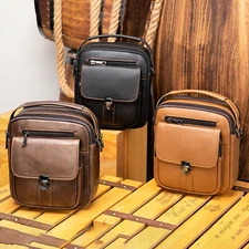 Men's Genuine Leather Messenger Bag Vintage Crossbody Shoulder Bag with Zipper