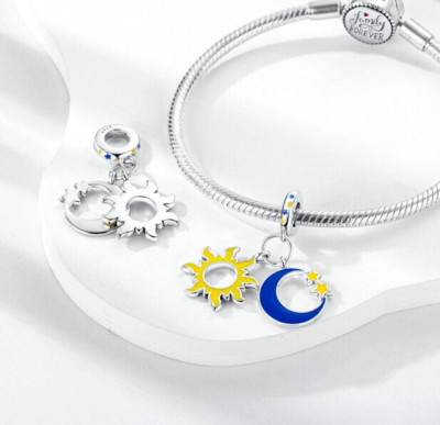 Glow in the dark Sonne Mond Sternbild Himmel Charm Sterling Silber 925