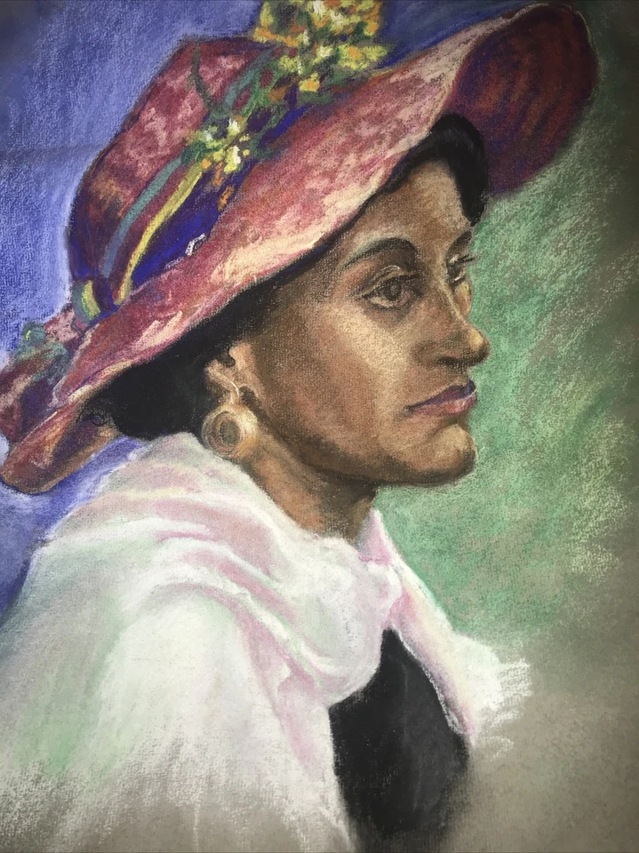 Original - Pastel - Boceto - Retrato - Mujer - Sombrero Floral para el Sol - Arte - Color Foto 3 de 4