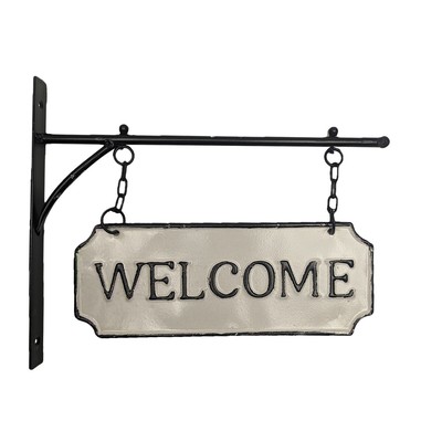 Hanging White Enamel Welcome Metal Sign Front Door Farmhouse Home Decor Wall Art