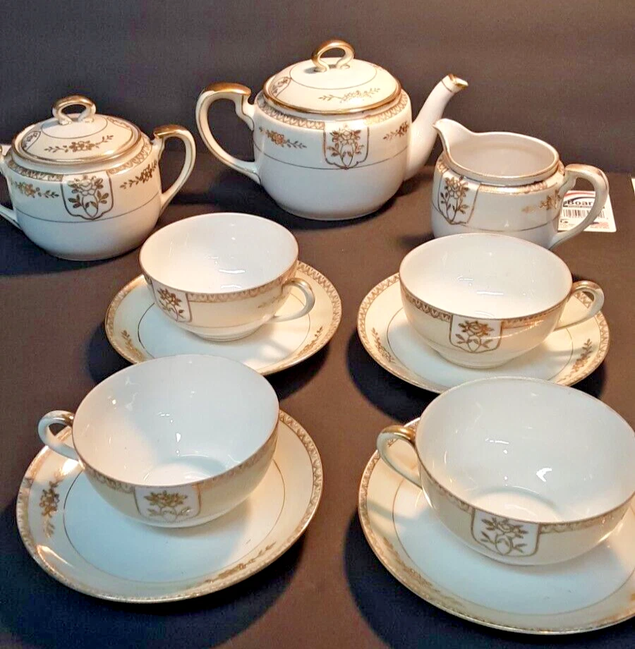 VINTAGE NORITAKE JAPAN HAND PAINTED TEA SET CREAM GOLD Green Mark
