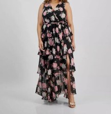 City Studio Women's Black Belted Tiered Maxi Dress Plus Size 1X